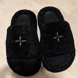 SMFK Black Fuzzy Slippers with Cross Detail